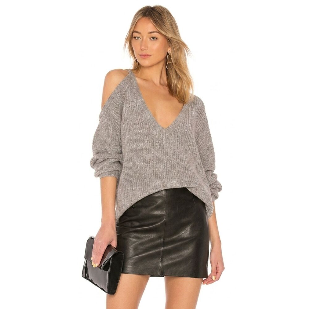 IRO Oddity Gray Alpaca Wool Cold Shoulder Sweater Womens Small Rib Knit V-Neck
